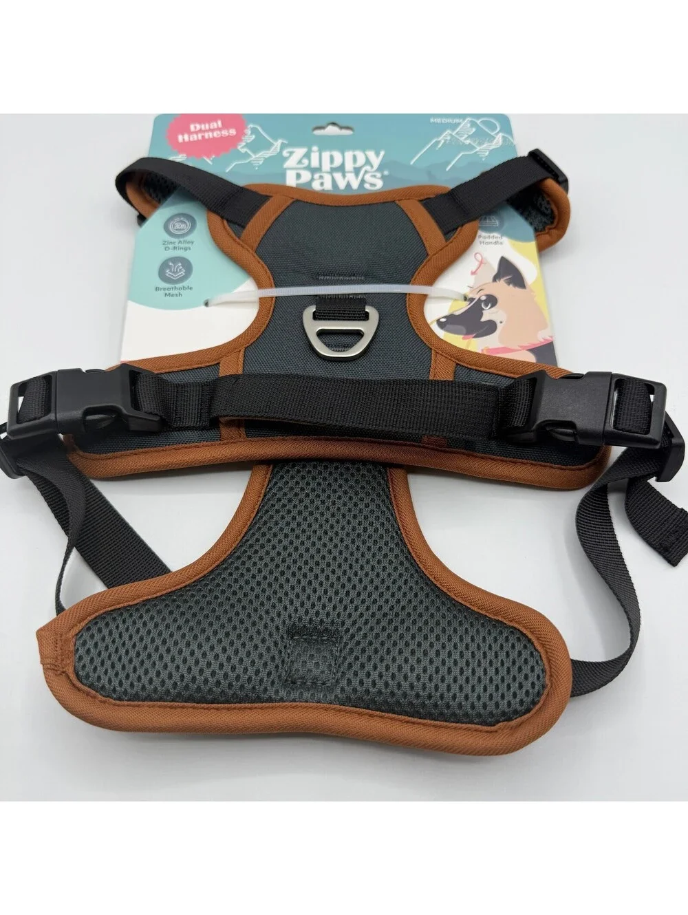ZippyPaws Dual Harness Medium ZPC-C0008 Brown Breathable Mesh Padded Dog Vest